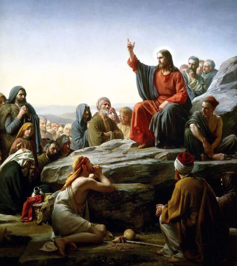 Carl Bloch's painting of Jesus delivering the Sermon on the Mount, with disciples and crowds gathered on a hillside
