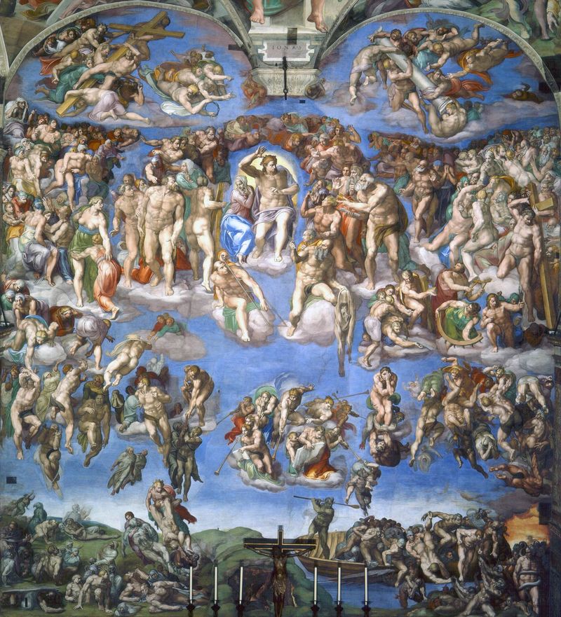 Michelangelo's fresco The Last Judgment on the altar wall of the Sistine Chapel, depicting Christ separating the saved from the damned