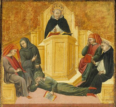 St. Thomas Aquinas Confounding Averroes, a tempera painting showing Aquinas gesturing toward two figures below