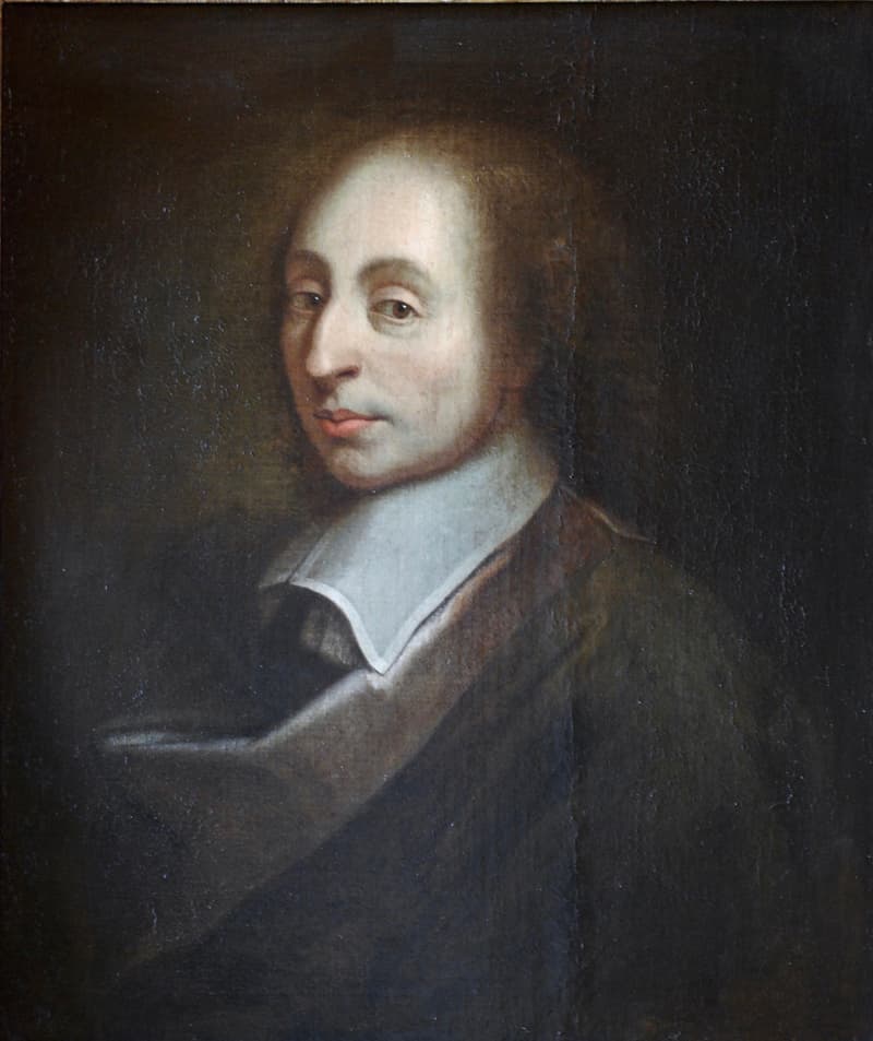 A late 17th-century oil portrait of Blaise Pascal in a dark coat and white collar, turned slightly aside against a dark ground