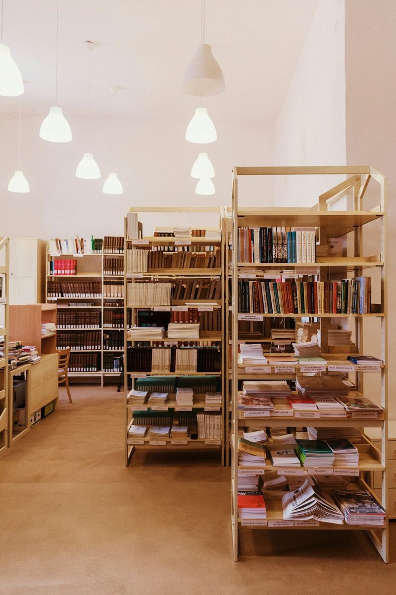 Library bookshelves with diverse theological texts