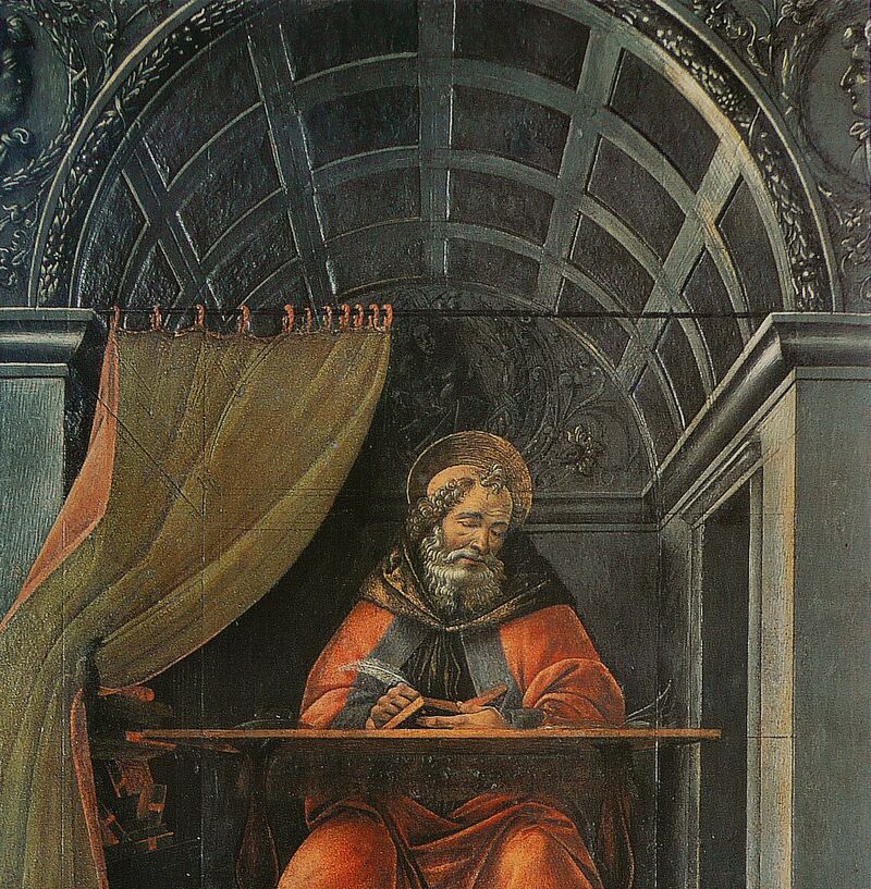 Sandro Botticelli, 'St. Augustine in His Study' (ca. 1480)—Augustine at his writing desk, the Church Father whose anti-Pelagian works decisively shaped the Western understanding of grace, predestination, and judicial hardening.