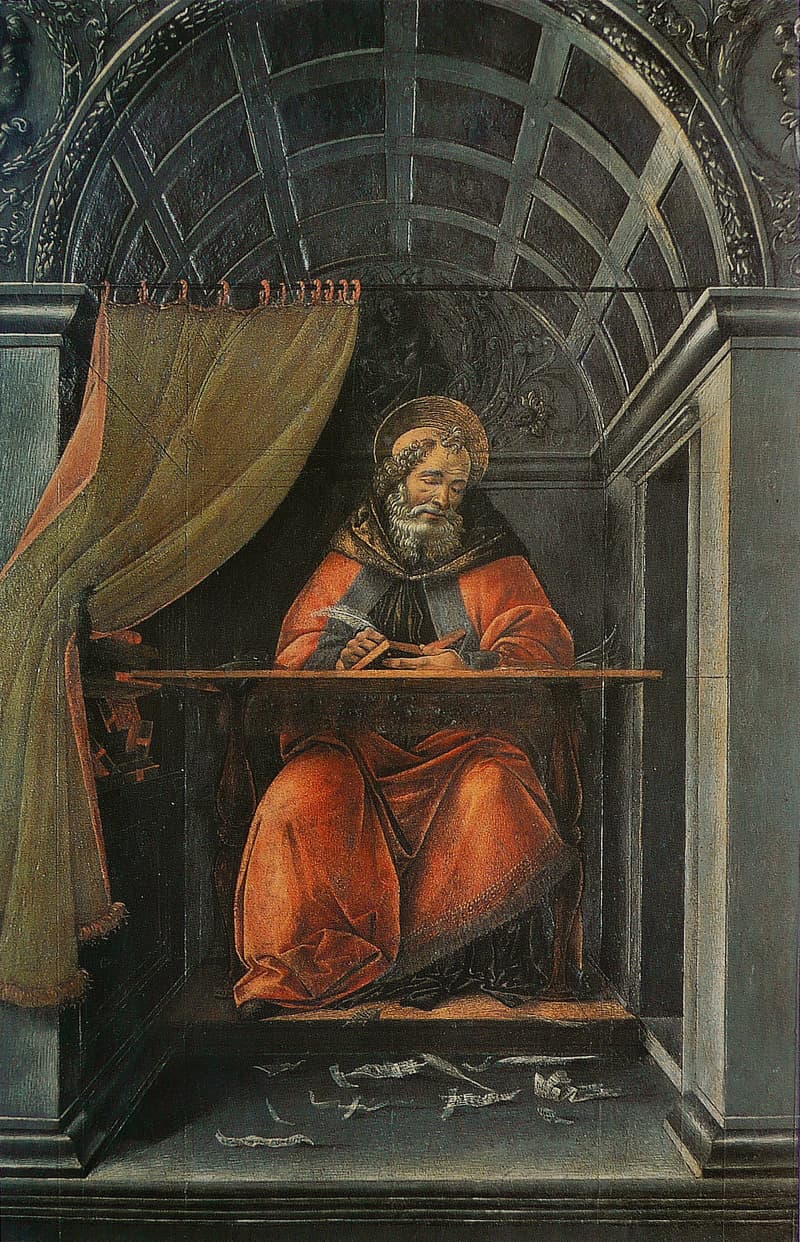 Sandro Botticelli, Saint Augustine in His Study (c. 1490-1494): the Church Father sits writing in an arched niche, pen in hand—Augustine, who returned repeatedly to the shock of John 1:6 and the humility it reveals.