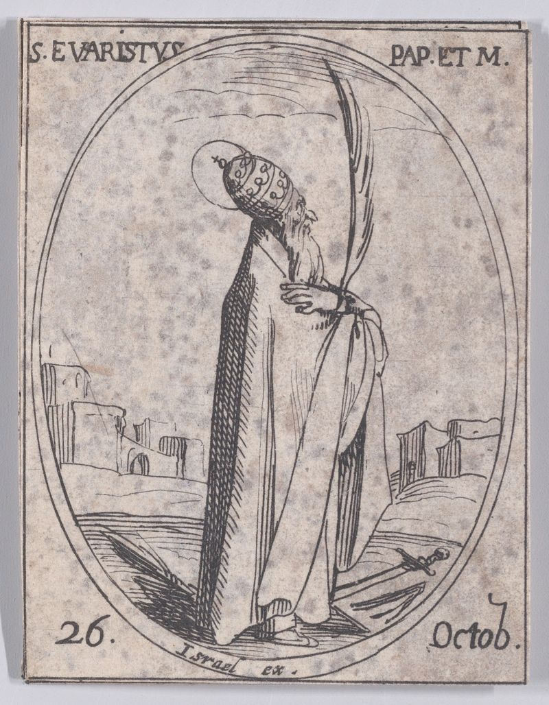 Jacques Callot's 1636 etching of Pope Saint Evaristus standing in papal vestments holding a processional cross, from his series of saints for October