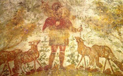 Early Christian fresco of the Good Shepherd from the Crypt of Lucina in the Catacomb of Callixtus, Rome, painted in ochre and red tones