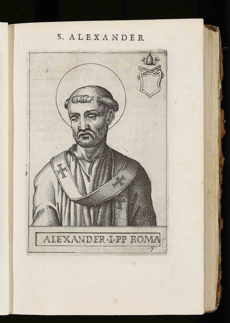 Sixteenth-century engraved portrait of Pope Saint Alexander I, haloed and vested in a cope with the pallium, the papal tiara-and-keys coat of arms beside him, from Giovanni Battista de' Cavalieri's 1580 series of papal portraits