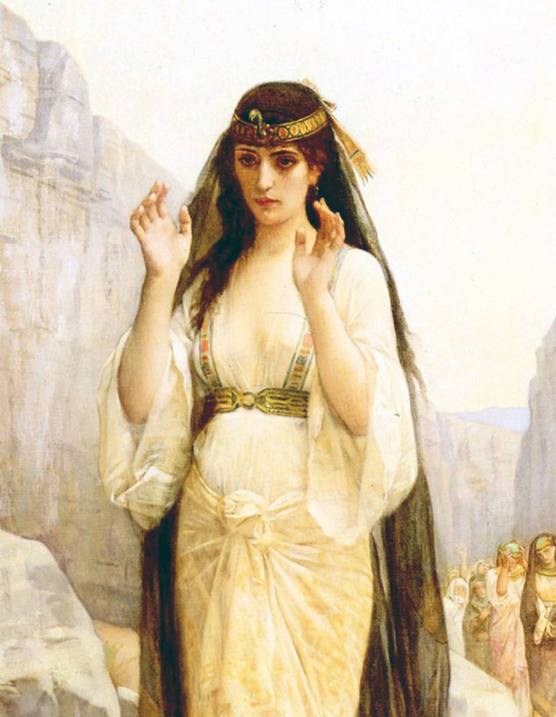 Nineteenth-century academic oil painting by Alexandre Cabanel of Jephthah's daughter in a white robe, head bowed in mourning, seated against a mountain landscape during her two-month lament