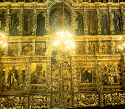 Iconostasis in the Church of Elijah the Prophet, Yaroslavl, Russia. The icon screen separates the nave from the sanctuary and serves as a visual gateway between the earthly and heavenly realms.