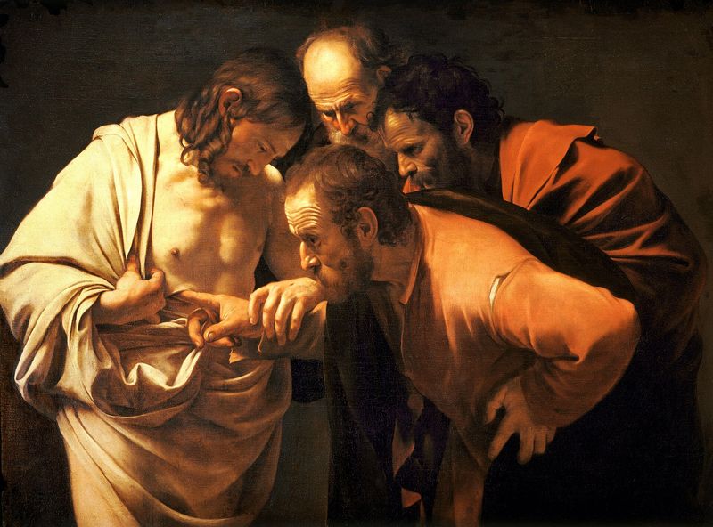 Caravaggio's Incredulity of Saint Thomas, depicting Thomas touching the wound of the risen Christ, symbolizing doubt meeting faith