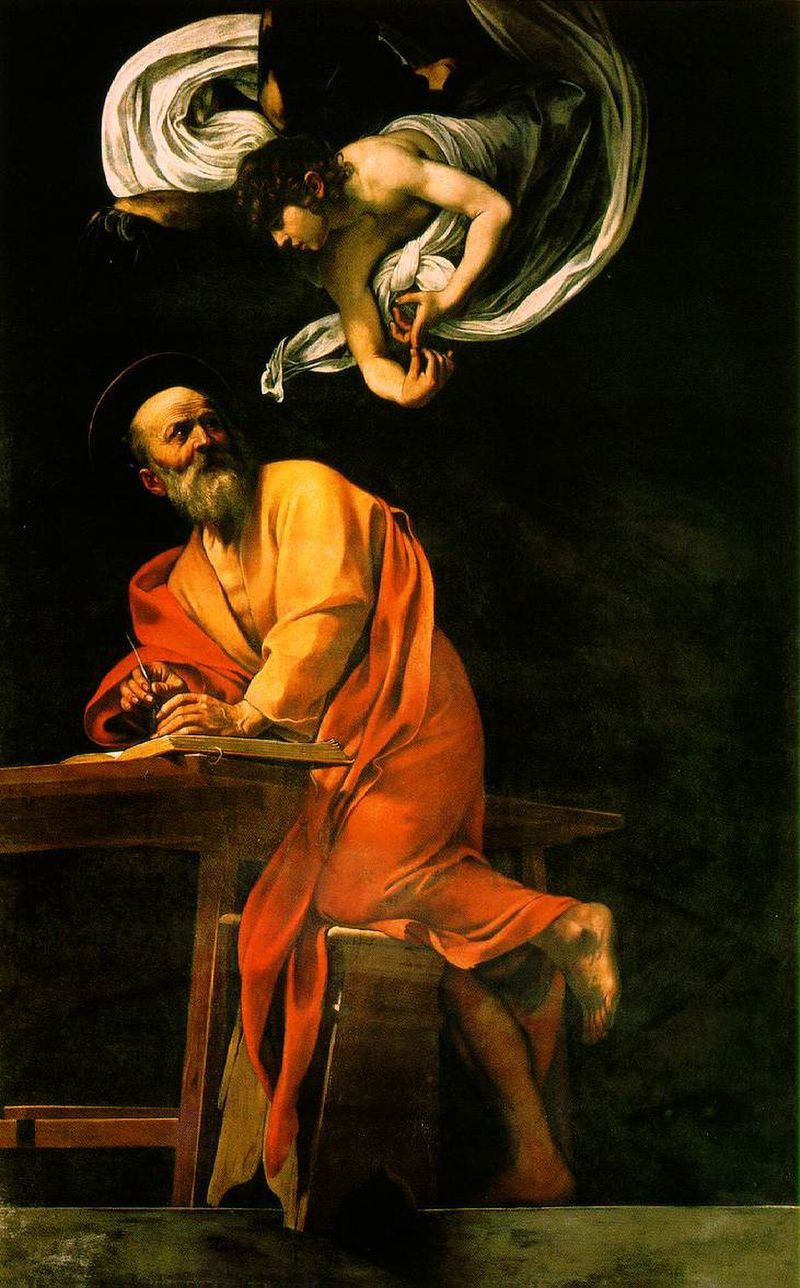 Caravaggio's 'The Inspiration of Saint Matthew' (1602): the evangelist receiving inspiration from an angel as he writes the Gospel