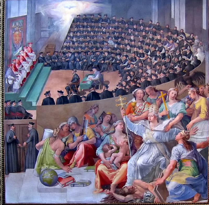 Fresco by Pasquale Cati of the Council of Trent in session, bishops seated in rising tiers with allegorical figures in the foreground.