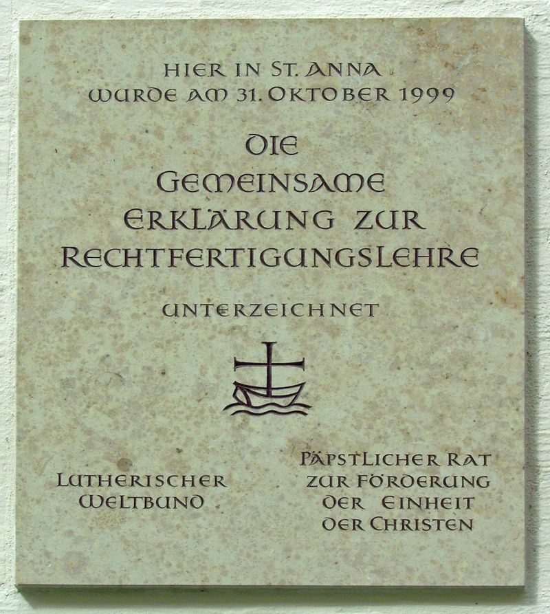 Memorial plaque at St. Anna Augsburg commemorating the 1999 Joint Declaration on the Doctrine of Justification