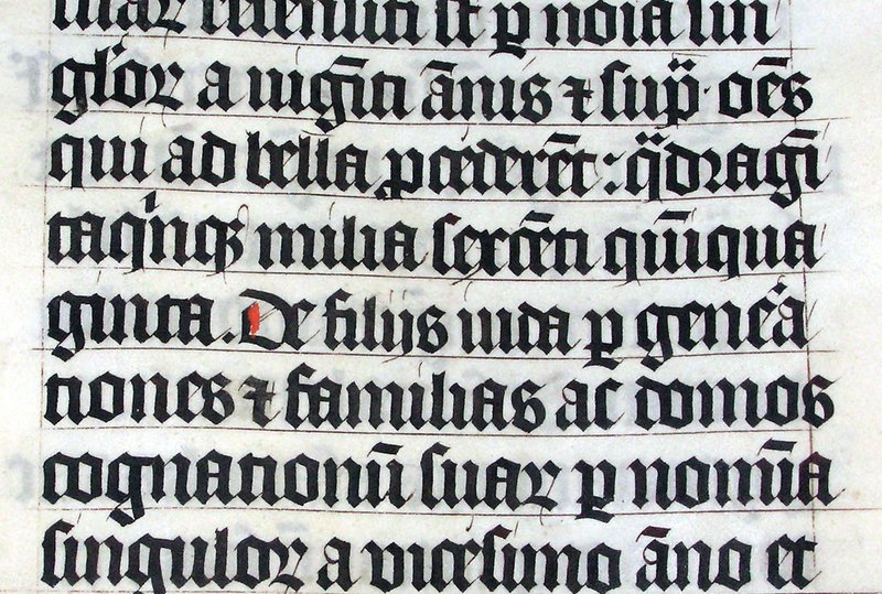 A page from the Malmesbury Bible (1407), showing Book of Numbers 1:24–26 in Latin written in Textura calligraphy on parchment—an example of the hand-copied medieval Bibles that required over a thousand animal skins and months of scribal labor to produce.