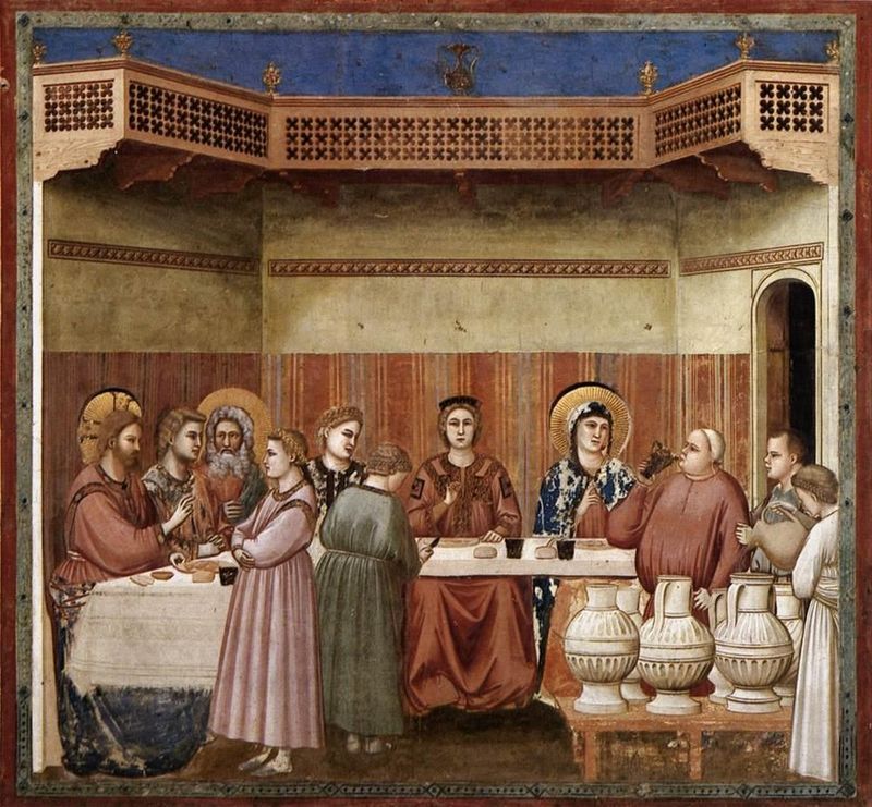 The Marriage at Cana by Giotto di Bondone (c. 1305), depicting Jesus and Mary at the wedding where water was turned to wine