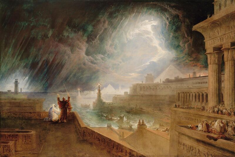 John Martin, 'The Seventh Plague of Egypt' (1823)—fire and hail rain down on Egypt as Pharaoh's heart is hardened against the LORD's signs, the paradigmatic Old Testament hardening narrative that provides the interpretive framework for 1 Samuel 2:25.