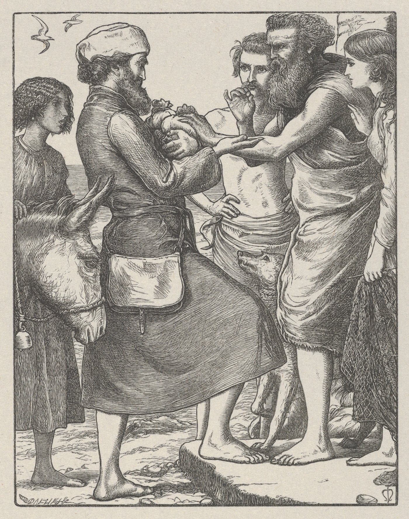John Everett Millais, 'The Pearl of Great Price' (1864): the turbaned merchant clasps his purchase to his chest as sellers and onlookers press around him, a fishing net and a donkey at the edges of the scene.
