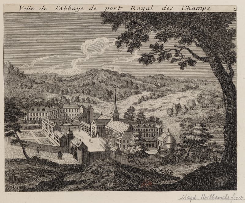 An early 18th-century engraving of the abbey of Port-Royal des Champs: church, cloister buildings and walled gardens set in a wooded valley