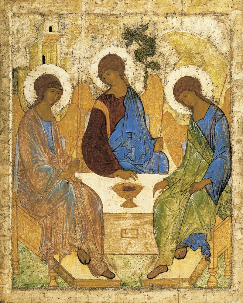 Andrei Rublev's Trinity icon (c. 1410), depicting the three angels at the Oak of Mamre as an image of Trinitarian communion