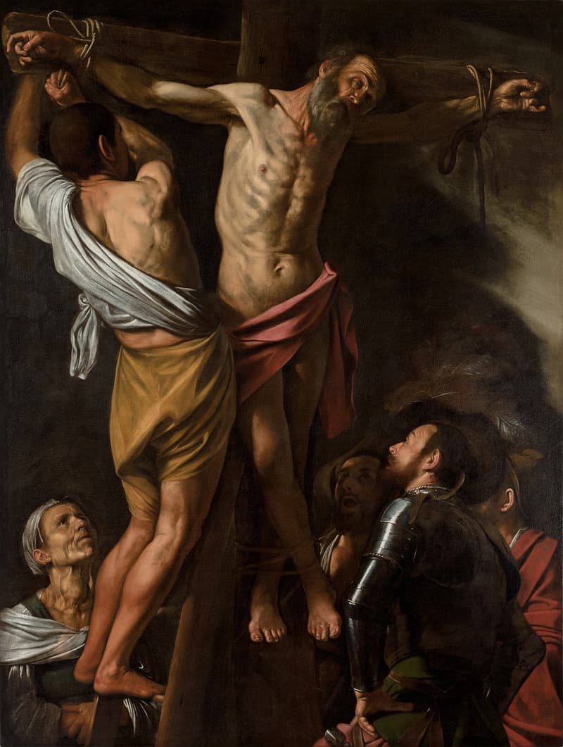 Caravaggio’s Crucifixion of Saint Andrew (1606–1607), depicting Andrew bound to a standard vertical Latin cross rather than the familiar X-shaped saltire