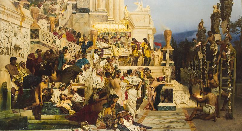 Henryk Siemiradzki's painting Nero's Torches (1876), depicting early Christian martyrs being burned alive as human torches during the Neronian persecution of 64 AD