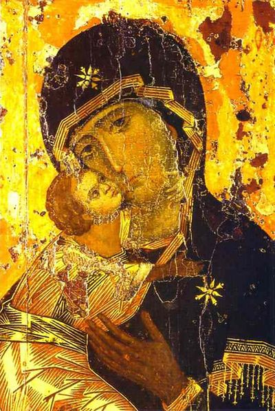 Theotokos of Vladimir (early 12th century), one of the most venerated icons in Russian Orthodoxy — the Virgin tenderly presses her cheek against the Christ child