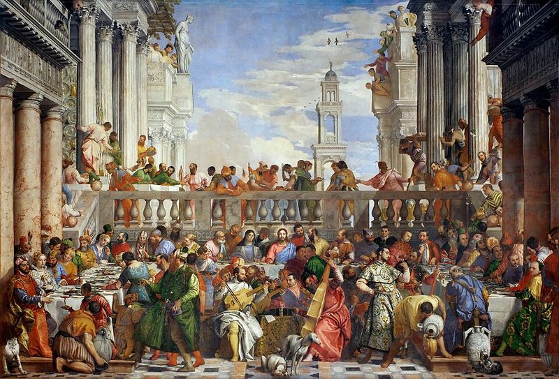 The Wedding at Cana by Paolo Veronese (1563), depicting Jesus and Mary at the wedding feast where Jesus performed his first sign