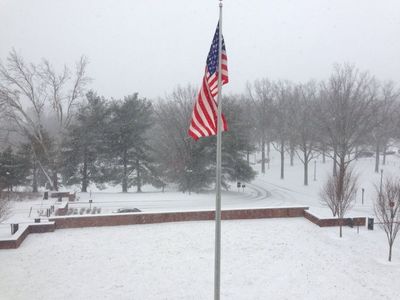 Snowy view from a balcony at the Army JAG School in Charlottesville, Virginia.