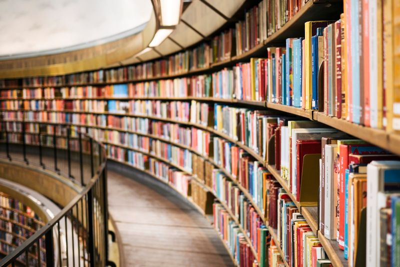 A curved library filled with books from many traditions, representing the breadth of study required in comparative theology