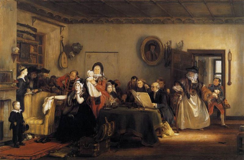 Sir David Wilkie, The Reading of the Will (1820)—a Scottish family gathered in a parlor as a notary reads aloud the testator's will, the moment when the dead hand of the deceased reaches into the lives of the heirs.