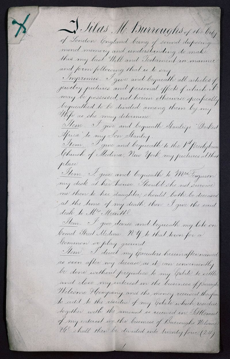 Handwritten 1893 last will and testament of Silas M. Burroughs, with bequests in flowing copperplate script