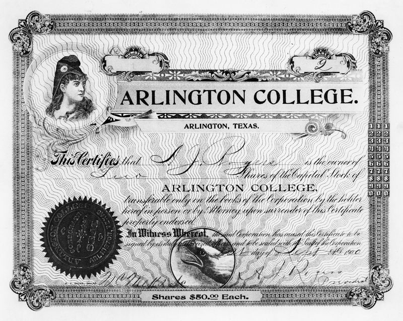 Ornate 1900 stock certificate from Arlington College of Texas, with engraved border, vignette portrait, and corporate seal