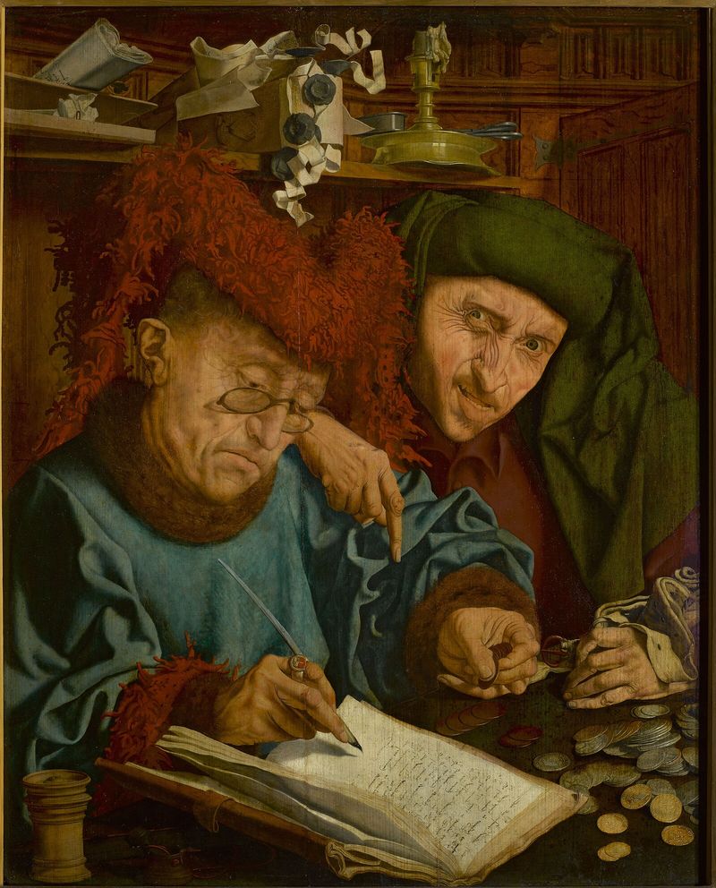 Marinus van Reymerswaele's painting 'The Tax Collectors' (c. 1540), depicting two tax collectors poring over an account book by candlelight—a 16th-century evocation of the perennial human relationship to inheritance taxation.