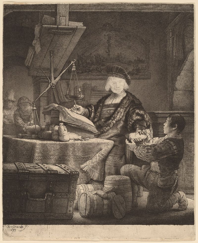 Rembrandt's 1639 etching 'Jan Uytenbogaert (The Goldweigher)' showing a man weighing gold coins — the canonical Old-Master image of a person carefully retaining the income from his property