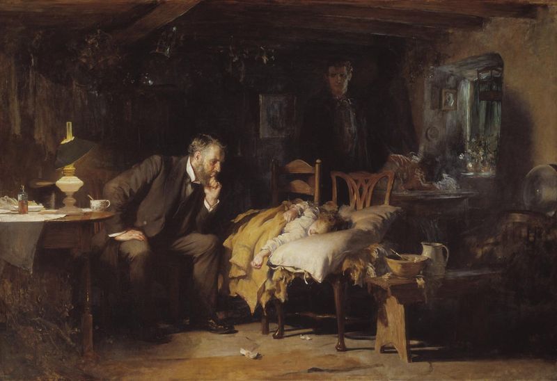 Sir Luke Fildes's 1891 painting 'The Doctor' — a physician at the bedside of a sick child, the iconic 19th-century image of medical care
