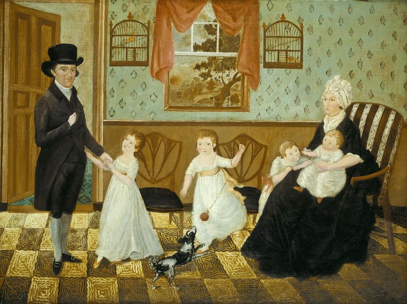 American 19th-century painting 'The Sargent Family' (1800) — a multi-generational New England family group portrait, the kind of family unit inheritance law has always tried to track
