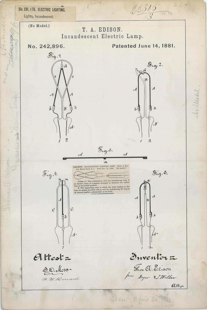 Thomas Edison's 1880 patent drawing for the incandescent electric lamp (U.S. Patent No. 223,898) — the iconic single-image illustration of how patent protection works
