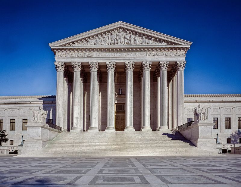 The west facade of the United States Supreme Court building in Washington, D.C., the final court of appellate review for federal-question cases that begin in state appellate courts like the Arkansas Supreme Court.