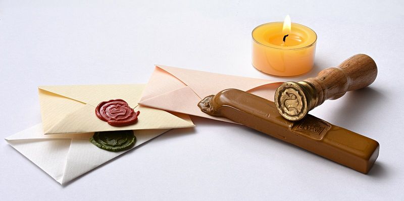 Two wax-sealed envelopes (one red, one green), a brown wax stick, and a brass seal stamp beside a lit candle — the literal wax-seal metaphor behind the legal phrase 'corporate veil.'