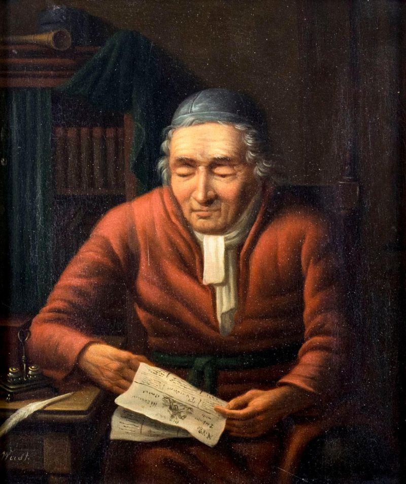 Christoffel Wüst, 'Man Reading Newspaper' — an elderly man in a red coat reading a newspaper at his desk; the painting echoes the kind of newspaper notice that triggers the probate nonclaim window.