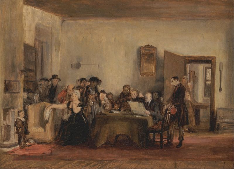 Sir David Wilkie, 'Sketch for The Reading of a Will' — a 19th-century interior of family members crowded around a table while a will is read aloud, the literal probate scene that living trusts are designed to avoid.