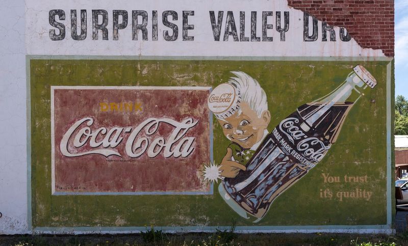 A weathered Coca-Cola billboard in Cedarville, California — Coca-Cola is a registered trademark on a tangible good (the beverage), as distinct from a service mark which would identify the source of a service rather than a product.