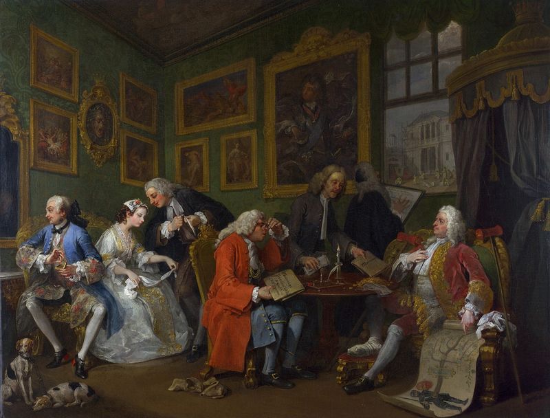 William Hogarth, 'Marriage A-la-Mode: I, The Marriage Settlement' (1743) — two fathers and their lawyers negotiate the marriage-contract distribution of family property, the 18th-century equivalent of the trust-distribution architecture this post describes.