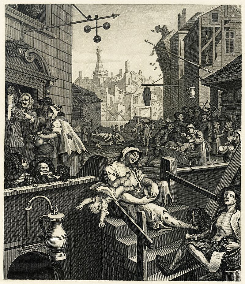 William Hogarth, 'Gin Lane' (1751) — the most famous depiction of social rot in Western art history, here standing in as a visual metaphor for the corrosive effect that habitual immersion in social-media discourse has on public discourse and personal character.