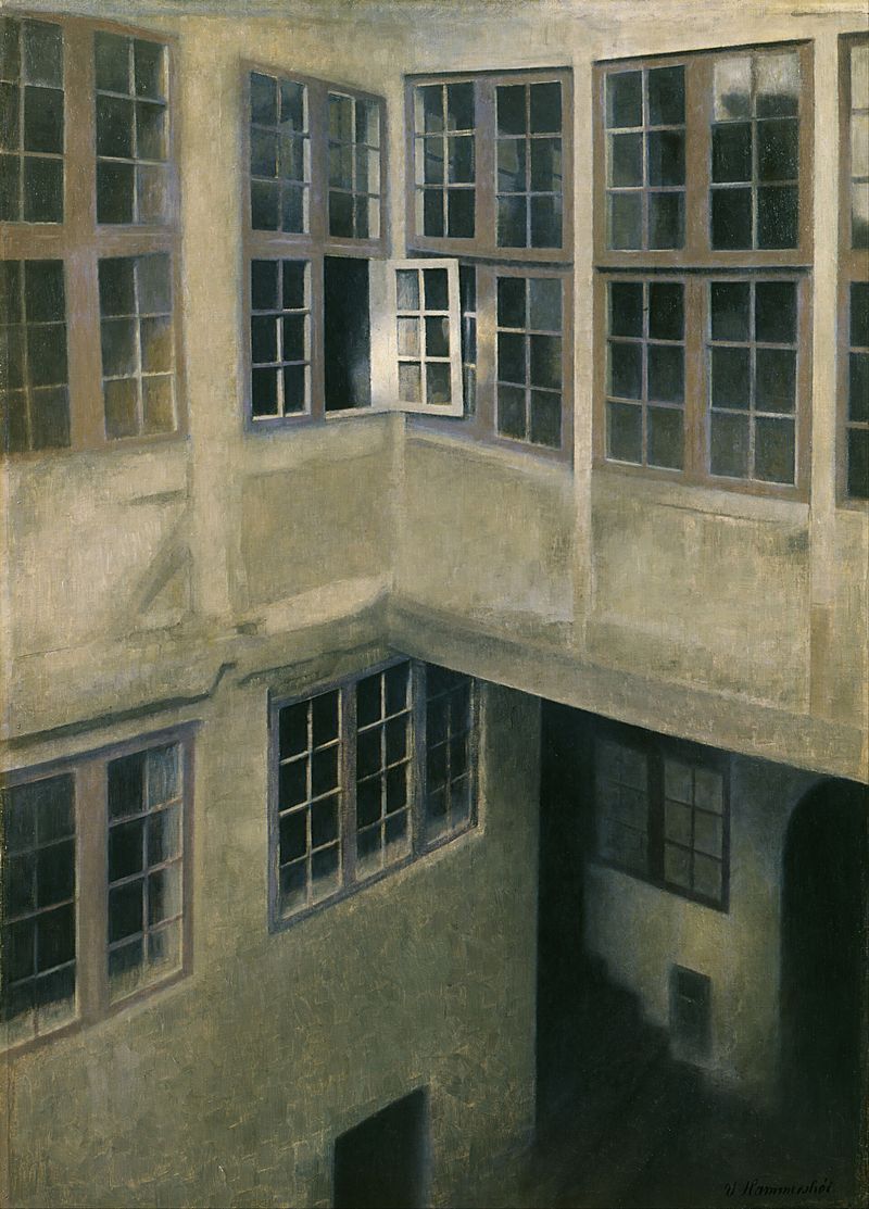 Vilhelm Hammershøi, 'Interior of Courtyard, Strandgade 30' (1899) — an austere, quiet courtyard view through tall leaded windows, the visual register of suspended time and waiting that the COVID-era essay reflects.